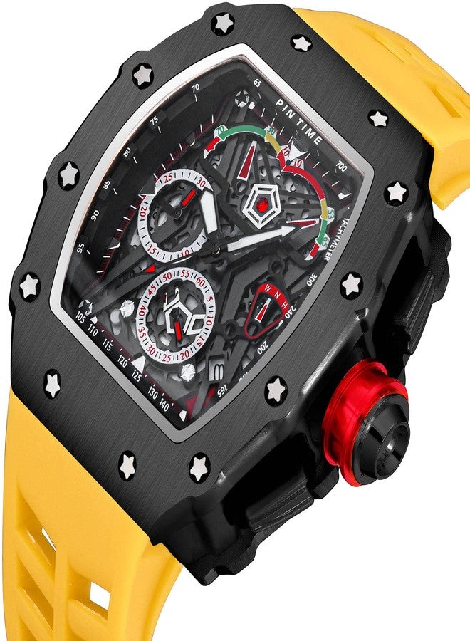 FANMIS Mens Luxury Tonneau Square Watches Analog Punk Chronograph Unique Sports Wrist Watch Japanese Movement Luminous Design with Rubber Band (Black Yellow) - Image 2